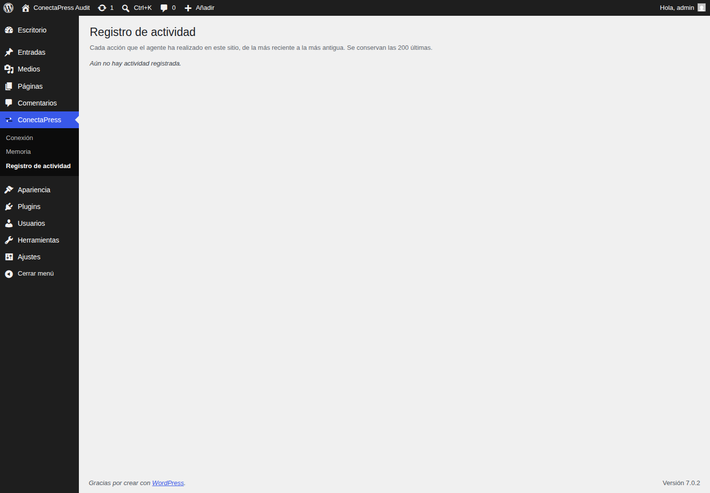 Pantalla de registro de actividad de ConectaPress en WordPress