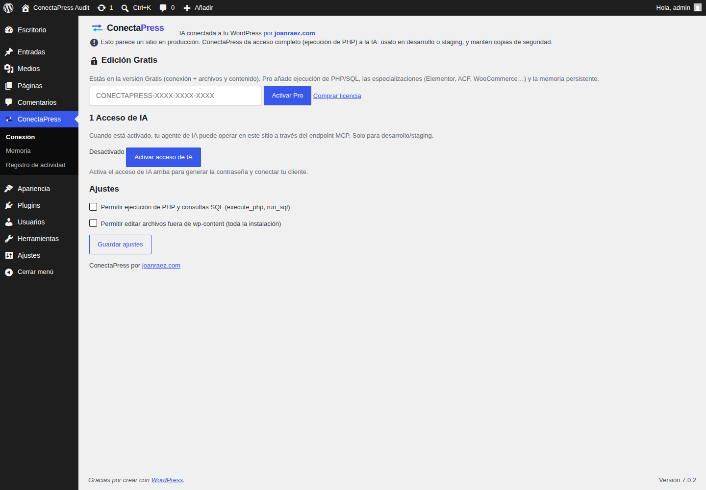 Pantalla de conexión de ConectaPress dentro del panel de WordPress