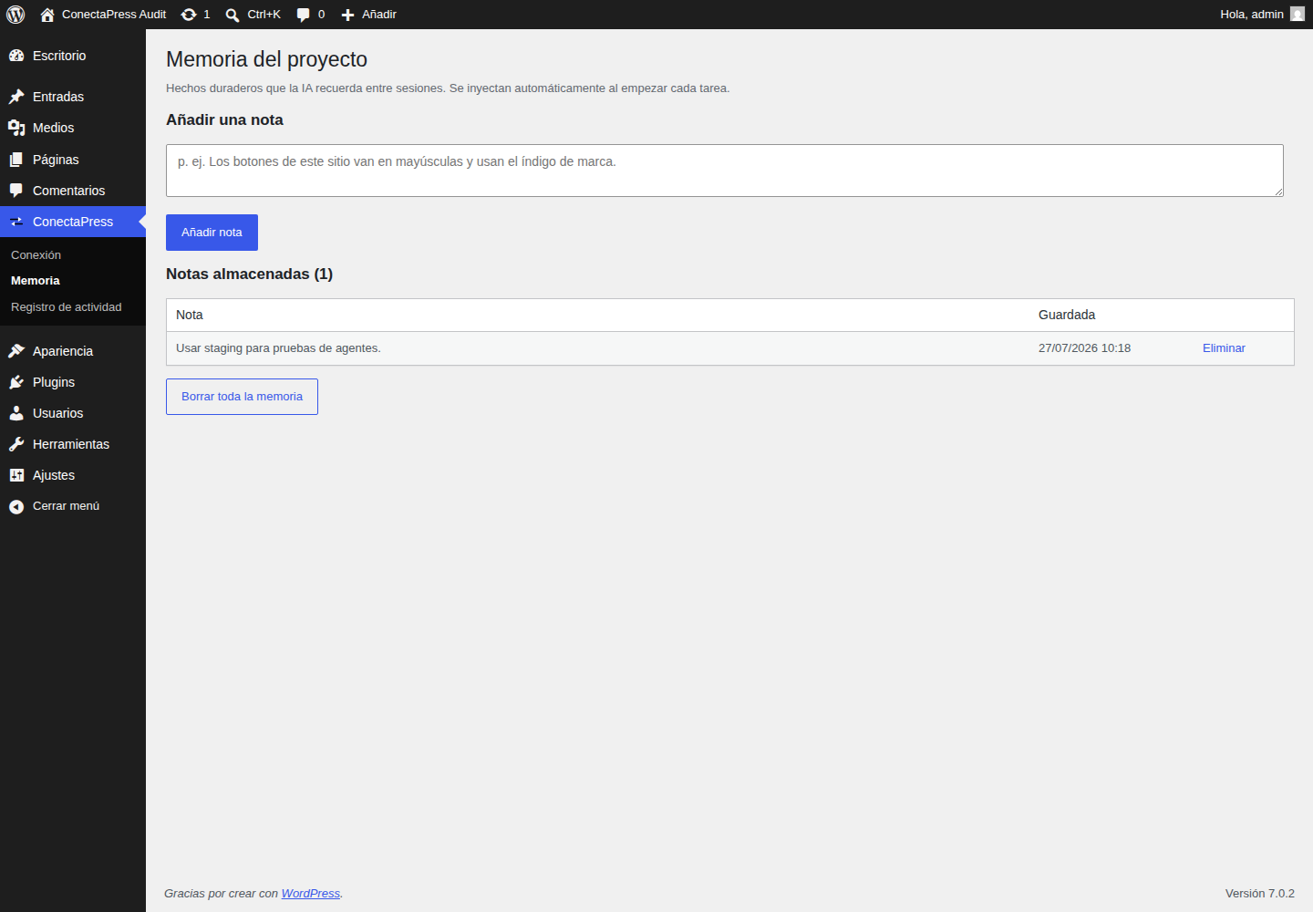 Pantalla de memoria del proyecto de ConectaPress en WordPress